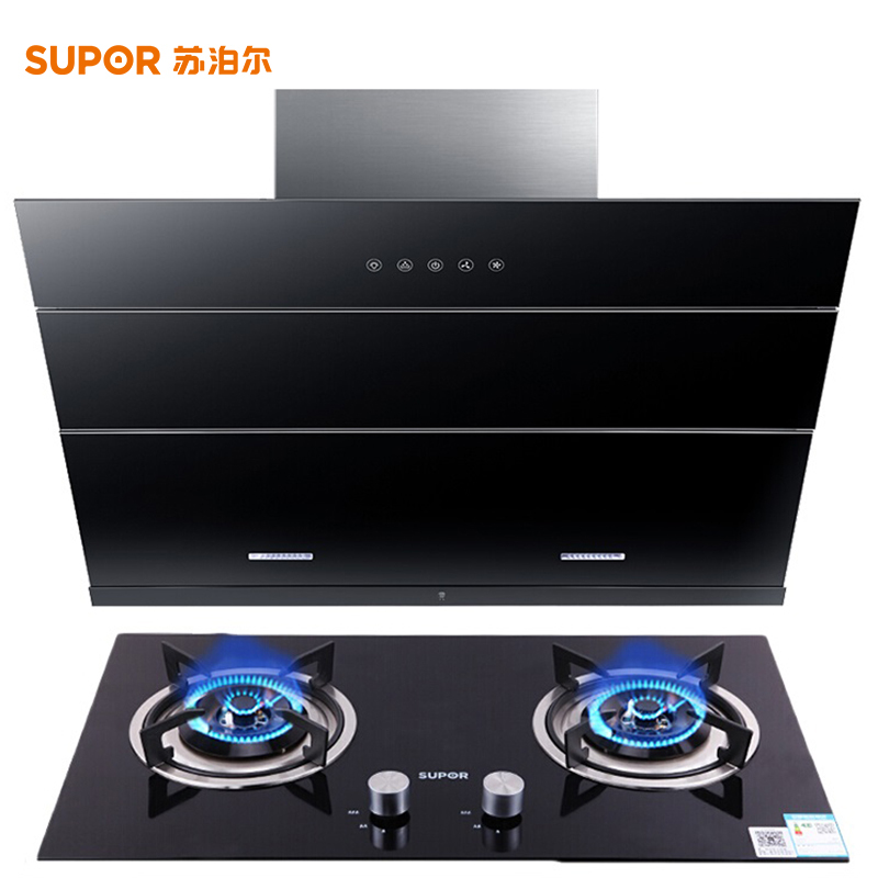 苏泊尔(SUPOR) J613+QB503抽吸油烟机 智旋干洗 大吸力 钢化玻璃面板 顶吸式烟灶套装(液化气)