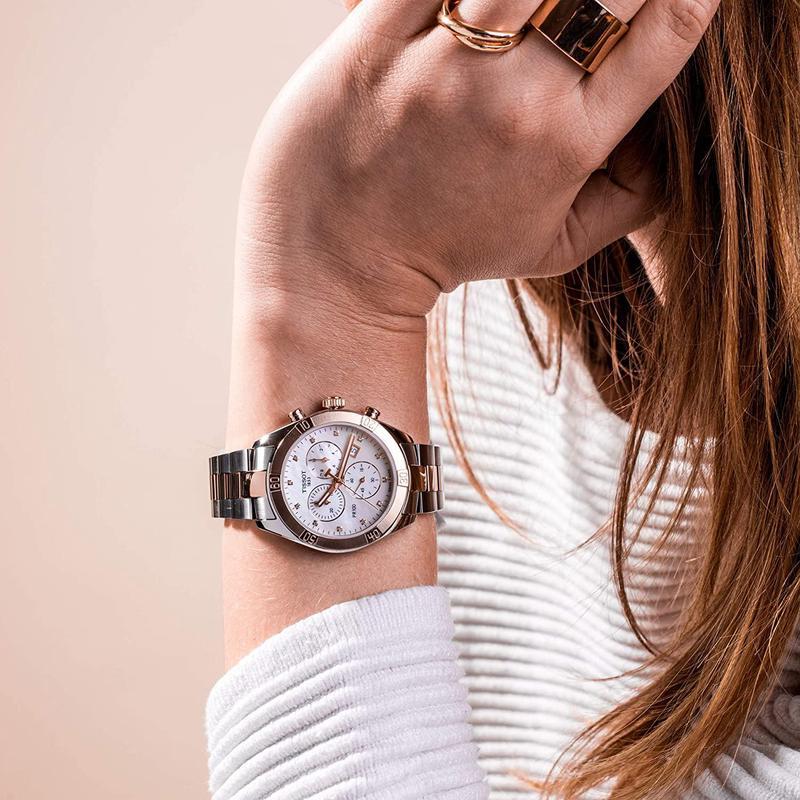 Tissot/天梭女士石英计时防水米瑞士镶钻珍珠母贝白盘腕表