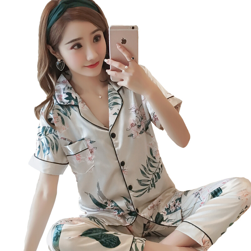 冰丝睡衣女夏秋短袖长裤清新丝绸胖mm加大码宽松仿家居服套装白兰花短袖长裤M[160高(80-100斤)]