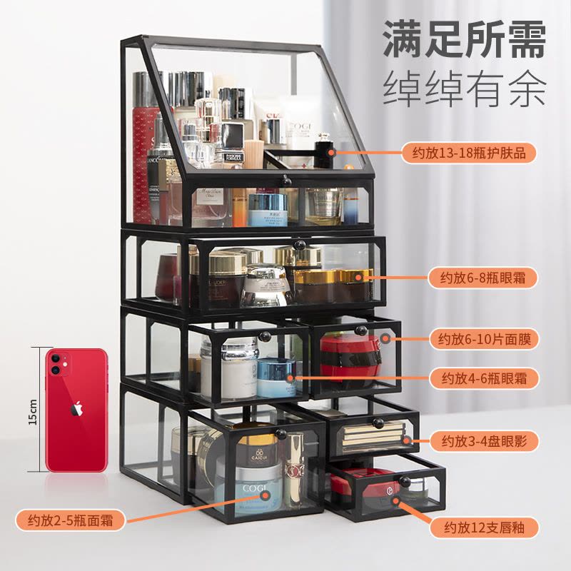 欧式化妆品CIAA收纳盒组合防尘套装口红护肤刷桶桌面抽屉式玻璃置物架图片