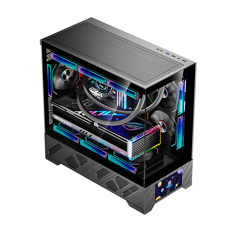 玩嘉千禧MATX副屏版 黑色 游戏电脑台式机箱 支持360水冷 M-ATX主板 5.5吋LCD屏270°海景房高清大图
