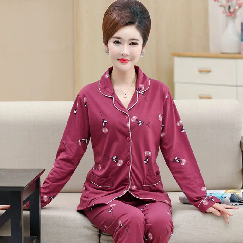 yunwuxin睡衣女春秋季棉长袖中老年人妈妈秋冬款中年棉两件家居服套装