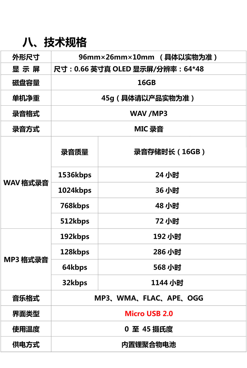 中城卫数码录音笔高清降噪一键录音保存M1-16GB/支高清大图