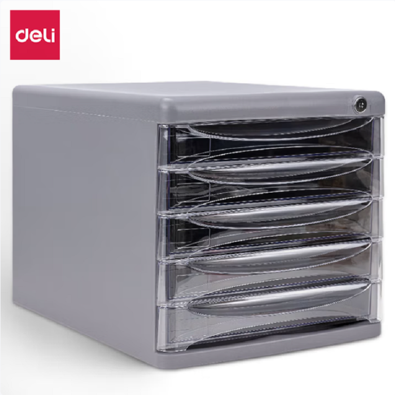 得力(deli)五层带锁文件柜 办公桌面带索引标签可视抽屉式收纳文件柜 灰色 9795