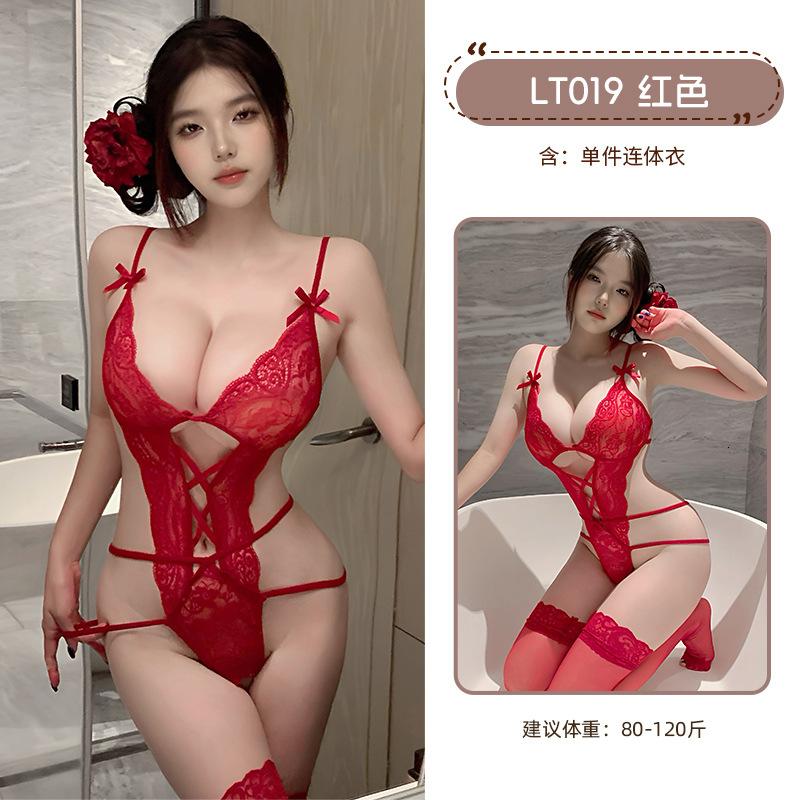 九里晴川蝴蝶结吊带裙蕾丝花边绑带魅力性感开档免脱纯欲系连体衣 九里晴川LT019【开裆连体衣-红】 均码