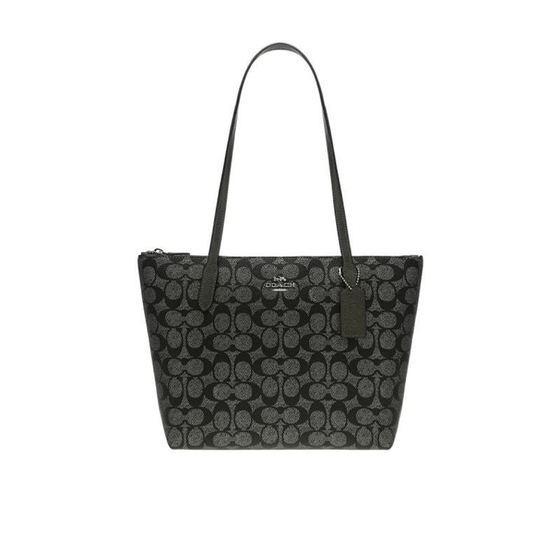 COACH 金属质感皮革女士手提包顶部拉链闭合时尚设计