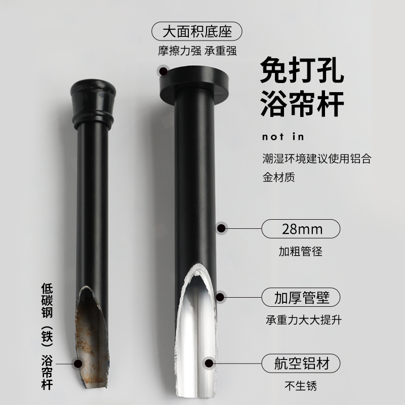 浴帘杆晾衣杆免打孔伸缩杆挂衣架浴室卫生间窗帘杆卧室衣柜撑杆|适用宽度77-120cm(黑色打孔款)其他颜色请备注