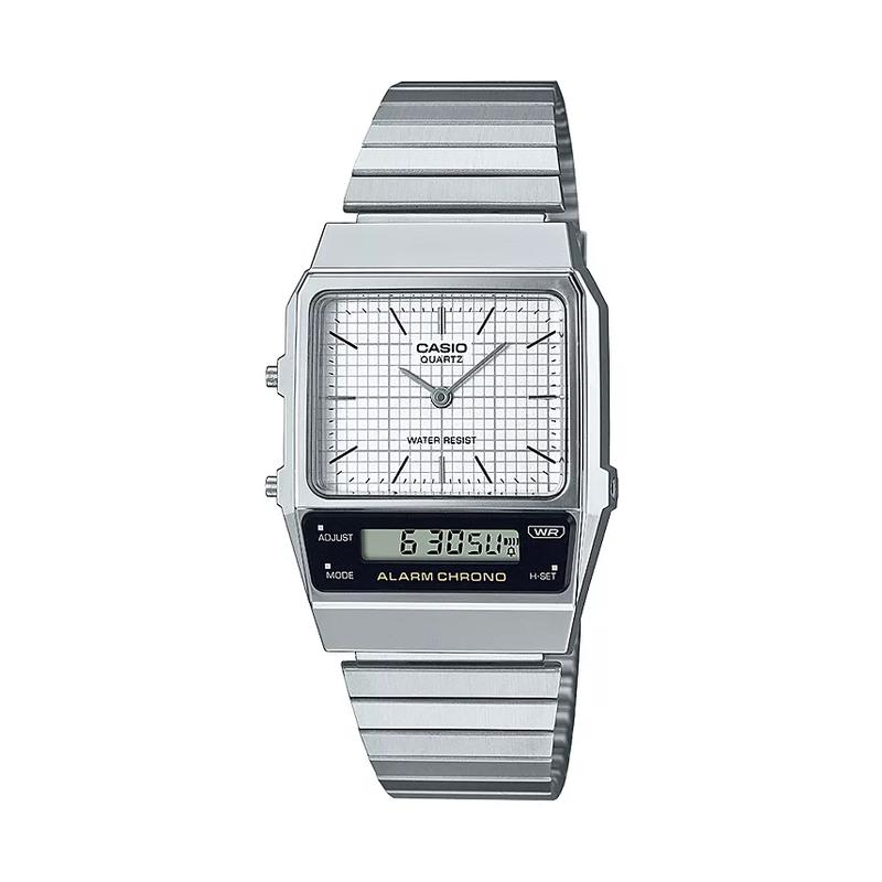 卡西欧(CASIO)石英表男女款银色不锈钢防水电子指针双显运动商务手表