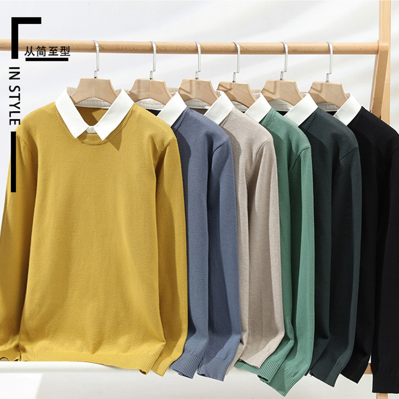 啄木鸟春秋冬季新款假两件衬衫领商务针织毛衣男士保暖内搭打底鸟高清大图