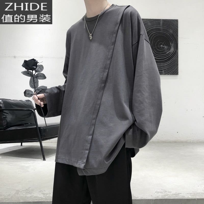 SUNTEK山本风oversize长袖t恤男下摆不规则白t桖禁欲系男装体恤打底衫T恤图片