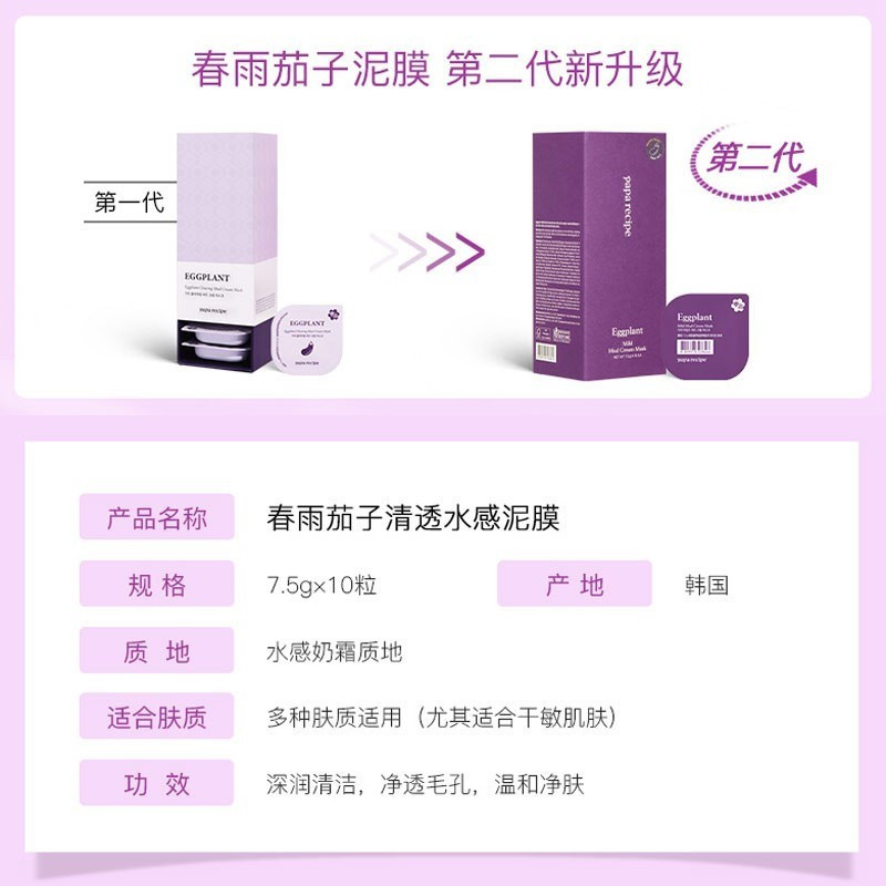 韩国春雨Papa recipe茄子清洁面膜泥膜涂抹式小布丁冻膜清洁补水面膜女男痘敏肌可用 7.5g*10粒