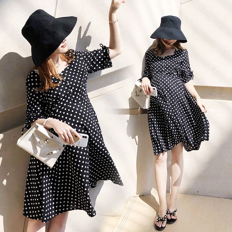 迪鲁奥(DILUAO)孕妇装夏装外出2021新款黑白风孕妇连衣裙中长款时尚潮妈孕妇裙子夏季宽松透气 黑色图片