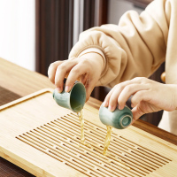 青灰釉陶瓷茶具竹制茶盘茶台日式简约功夫茶具套装 青灰茶具9头配帘竹