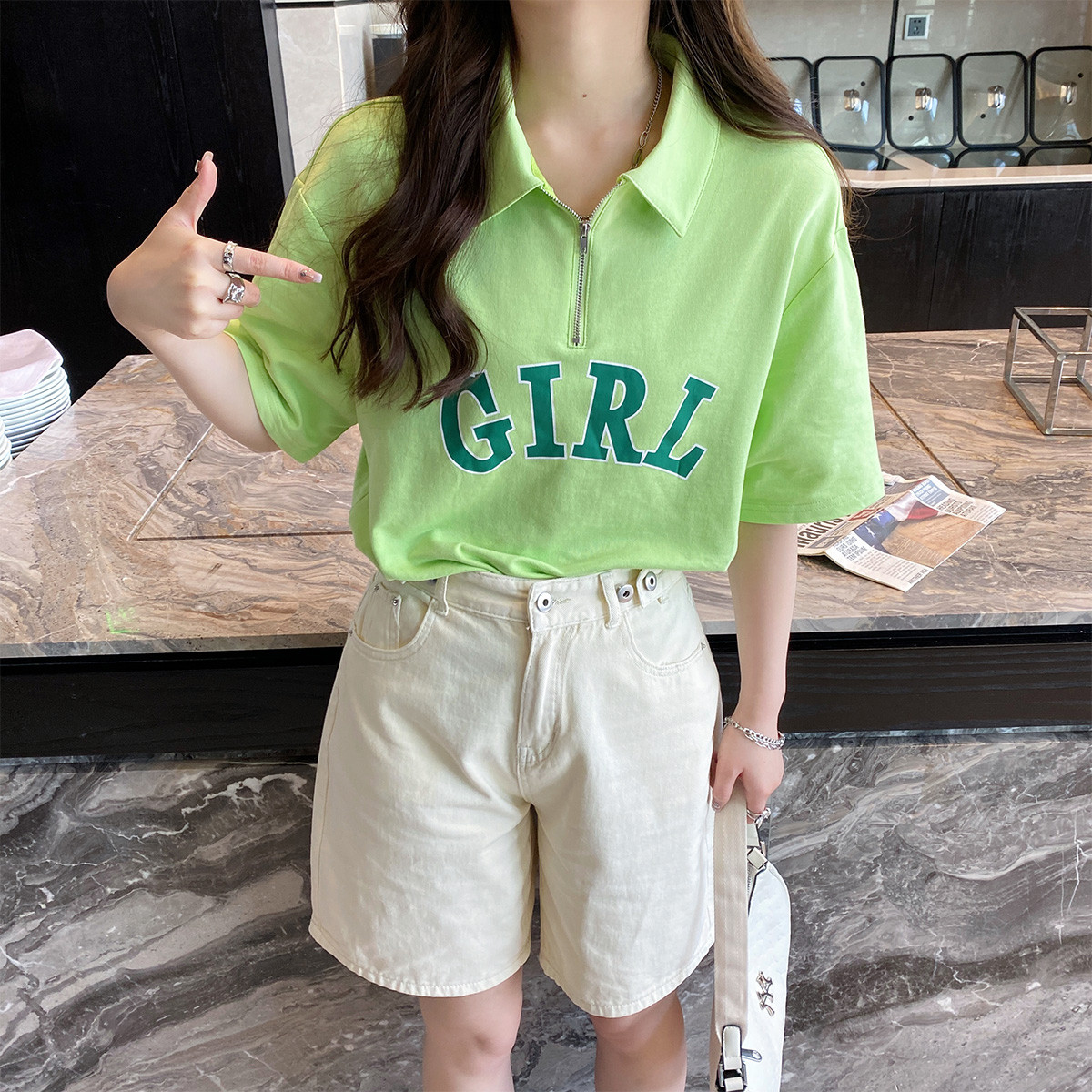 唐狮|短袖polo衫女0夏季新款韩版宽松休闲学院字母印花百搭 果绿 S