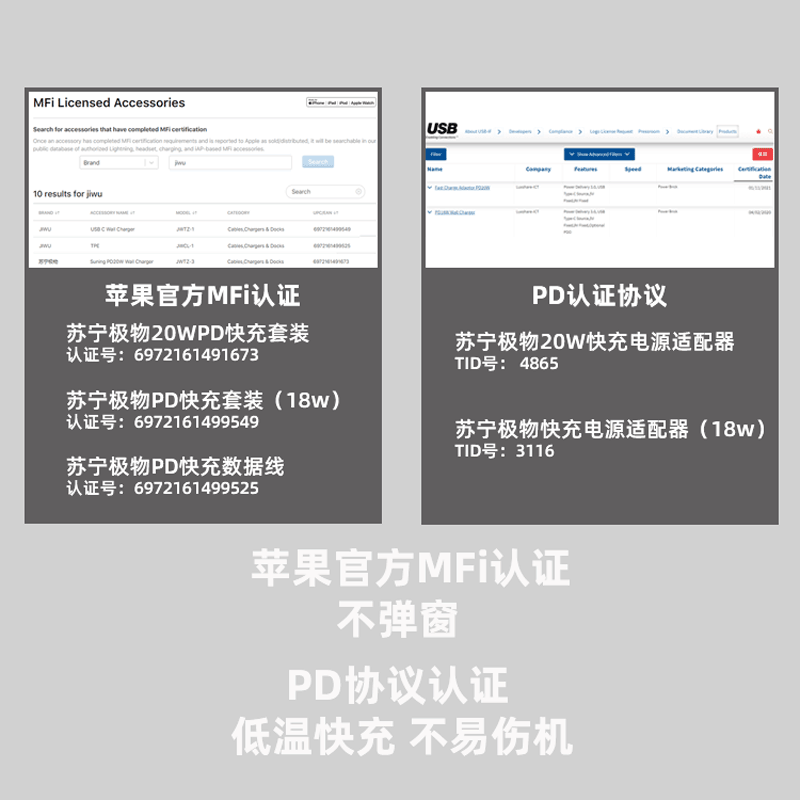 苏宁极物PD快充MFi认证苹果数据线18W快充头适用iphone12pro/11/XR/XsMax手机PD快充套装1M