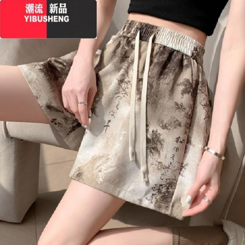 YIBUSHENG冰丝短裤女新中式水墨印花阔腿裤女国风宽松直筒休闲裤薄款扎染