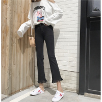 微喇叭裤女九分裤黑色高腰流苏牛仔裤秋季韩版弹力显瘦毛边长裤潮