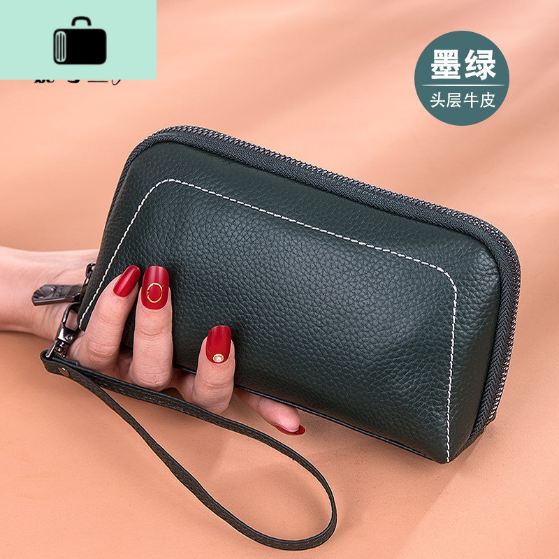 防盗刷皮零钱手拿包女2019新款牛皮长款钱包准妈妈小手包NEW LAKE 墨绿【头层牛皮】防盗刷