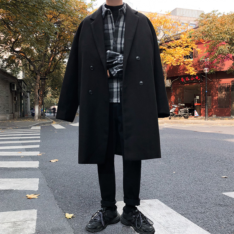 冬季毛呢大衣男中长款风衣秋冬款加厚男士呢子外套黑色英伦风冬装风衣