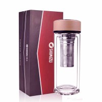 [精选]清水(SHIMIZU)双层玻璃杯带盖过滤茶杯透明玻璃水杯子礼盒8012 卡其色 250ml
