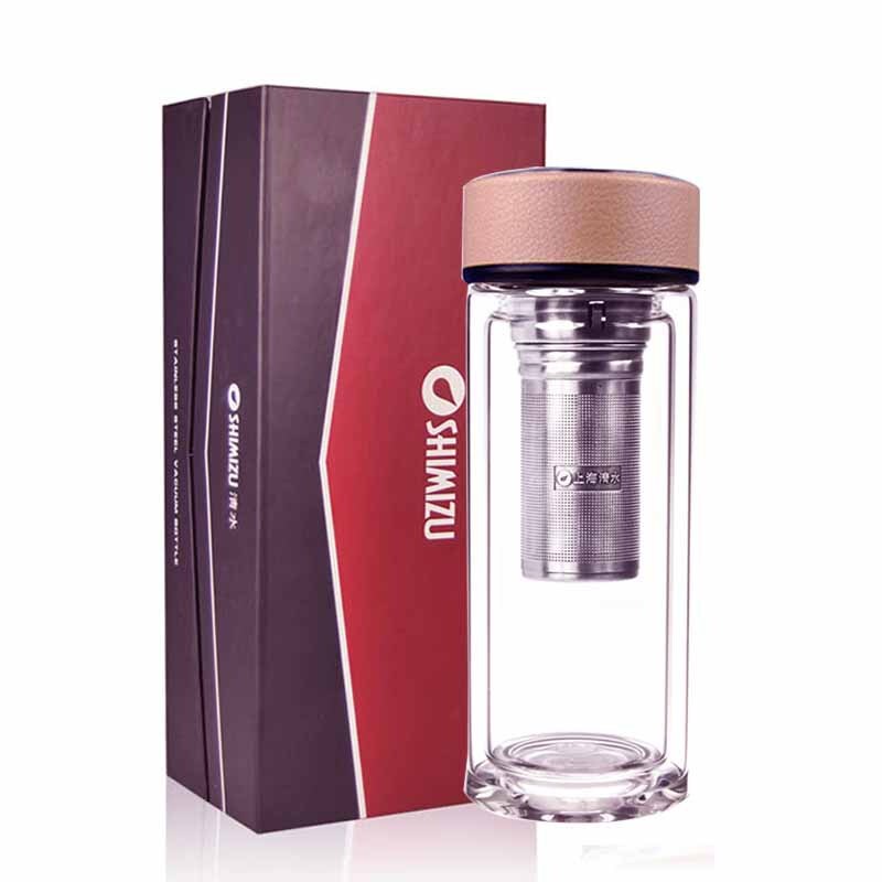 [精选]清水(SHIMIZU)双层玻璃杯带盖过滤茶杯透明玻璃水杯子礼盒8012 卡其色 250ml