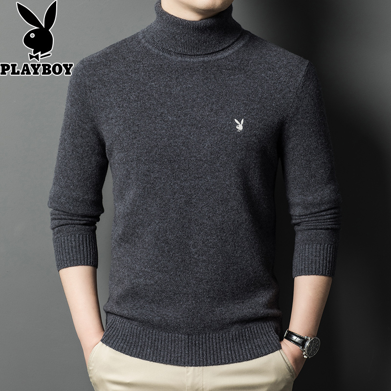 花花公子2024秋冬新款纯羊毛衫男高领加厚纯色毛衣针织打底衫 中灰色 170