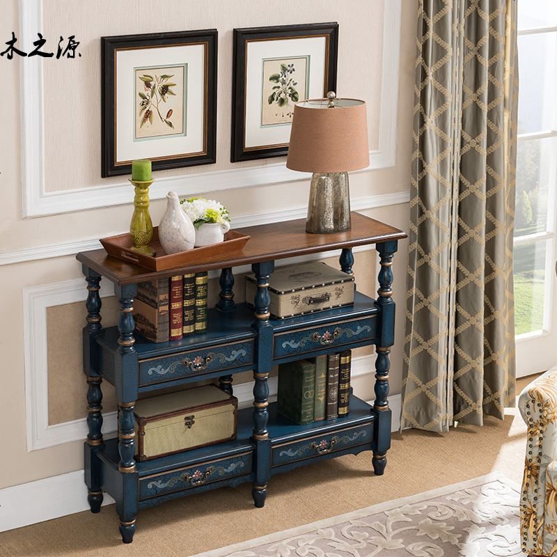 美式家用乡村彩绘裂纹书房书架储物架 厅走廊装饰架 餐厅餐边柜高清大图