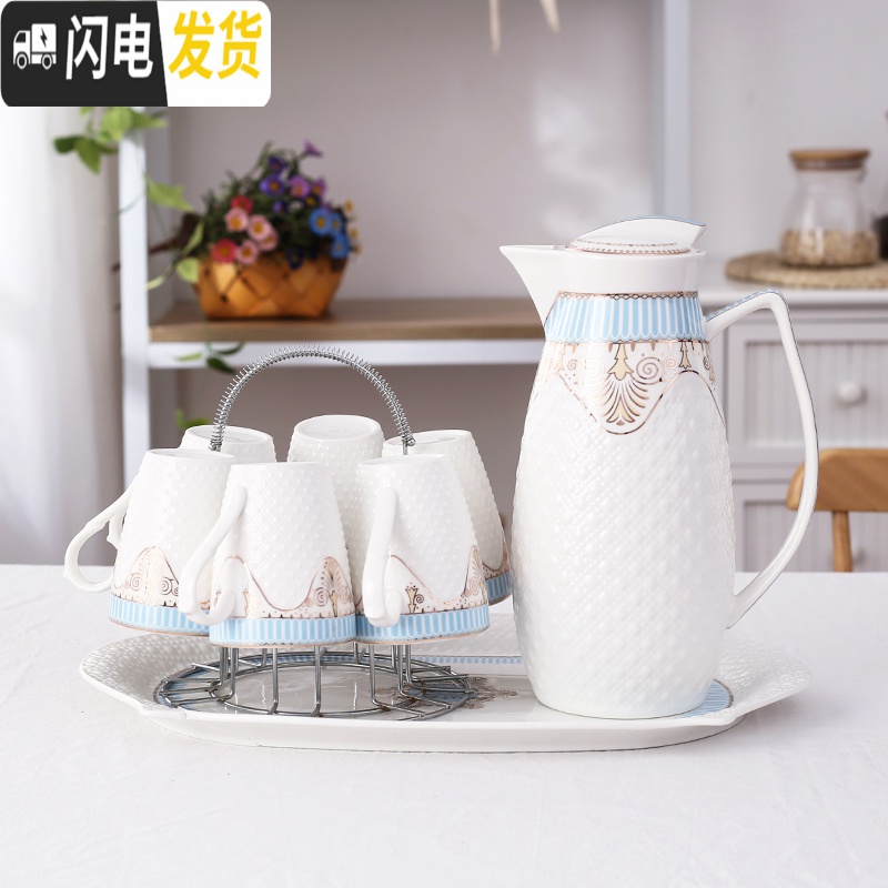 三维工匠茶具家用欧式水杯冷水壶凉水壶陶瓷杯水具套装耐热杯具配托盘客厅 经典成白1壶6杯送托盘高清大图