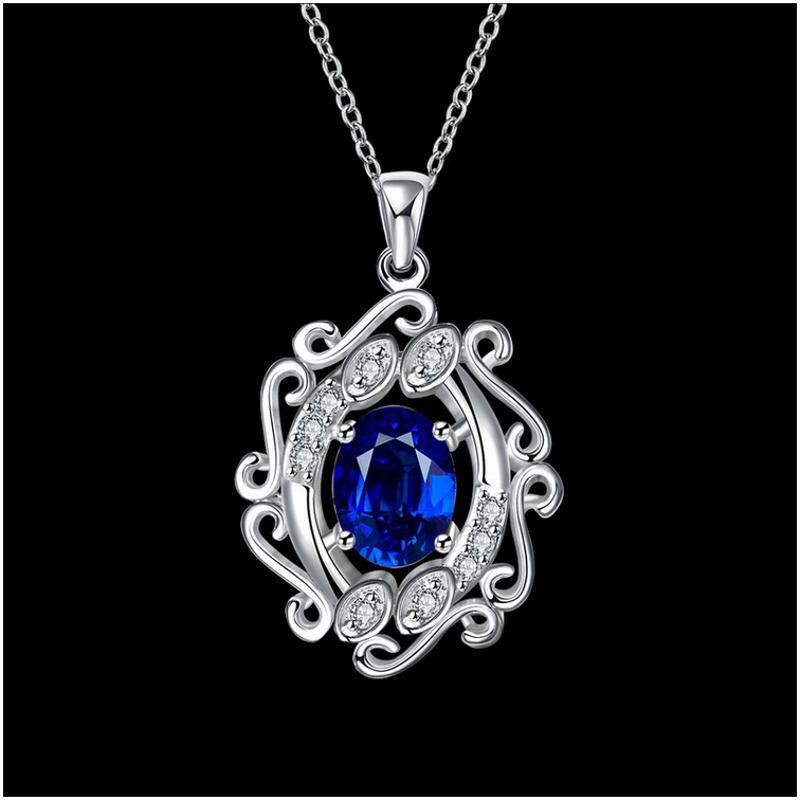 N048Women Silver Necklace镀925纯银镂空宝石坠项链女送友首饰送女朋友七夕情人节礼物