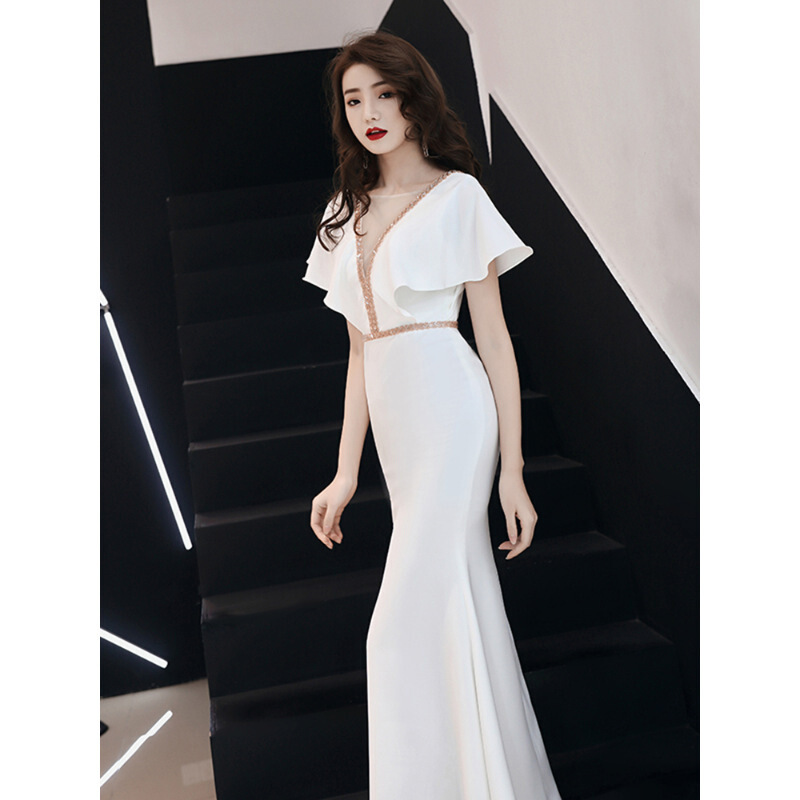 迪鲁奥diluao热卖晚礼服女简单大方长款高端大气白色常规气质鱼尾宴会