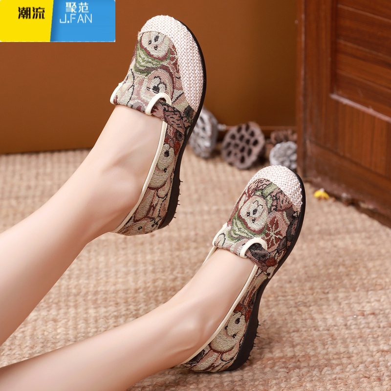 聚范2024新款韩版老北京布鞋女透气百搭条纹厚底帆布鞋一脚蹬休闲单韩高清大图