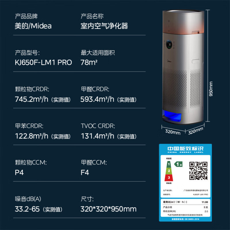 美的(Midea)空气净化器净化加湿一体除甲醛家用大空间纳米无雾加湿AI智控空气温度监测KJ650F-LM1 PRO高清大图