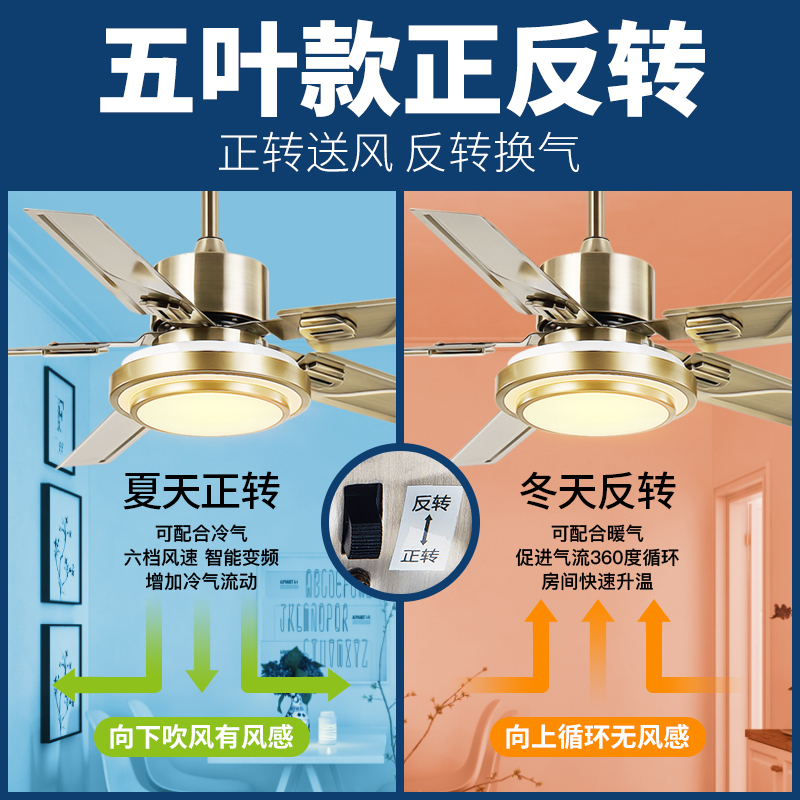 不锈钢风扇灯餐厅吊扇灯时光旧巷大风力欧式客厅家用灯扇一体带灯风扇吊灯 48寸-332古铜色-5叶-变光遥控