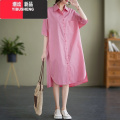 YIBUSHENG2024款韩版大码宽松休闲开叉粉色衬衫裙女中长款亚麻短袖连衣长 均码建议100-200斤 粉红色