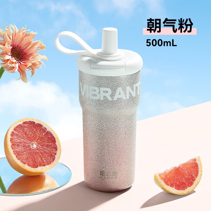 哈尔斯(HAERS)星耀保温杯600ML男女士大容量保温杯304不锈钢吸管杯纯真绿 500mL朝气粉【抗菌精瓷内涂层】