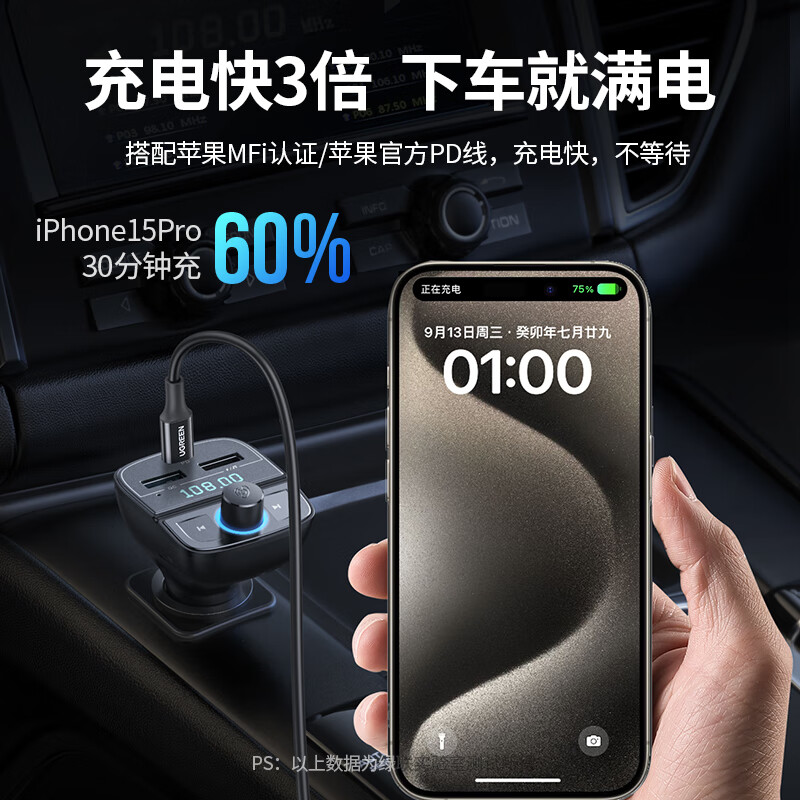 绿联车载蓝牙充电器(带数显)支持U盘/TF卡总功率:31.5W Max CD229/80910 (货期3-6天)高清大图