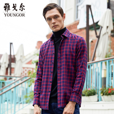 Youngor/雅戈尔衬衫磨毛格纹长袖衬衫男修身 衬衣男 商务休闲 红色格纹