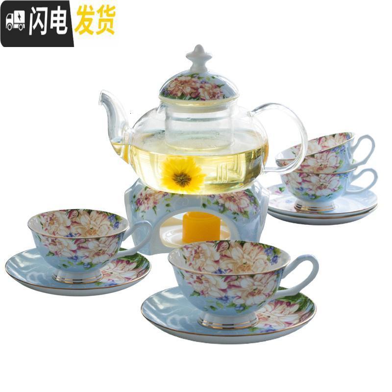 三维工匠花茶壶水果茶壶花茶杯套装家用英式下午茶茶具欧式玻璃壶耐热蜡烛 绿色馨蕊(4杯+4碟+1壶+1温茶器)