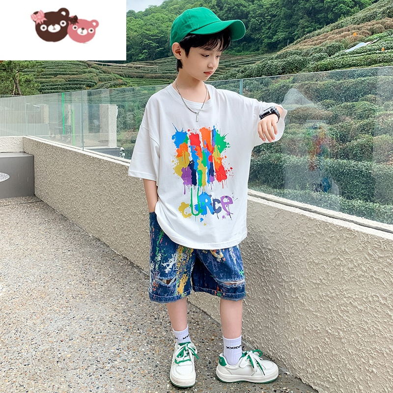 绿彩虹光儿童装男童夏季套装薄款2022新款夏装帅气短袖大童炸街潮酷帅衣服