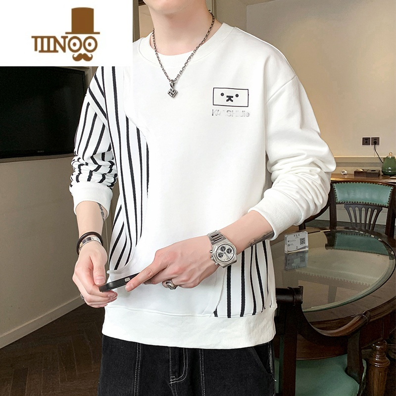 YANXU条纹卫衣男士2023新款潮牌圆领内搭上衣服潮流长袖t恤男装