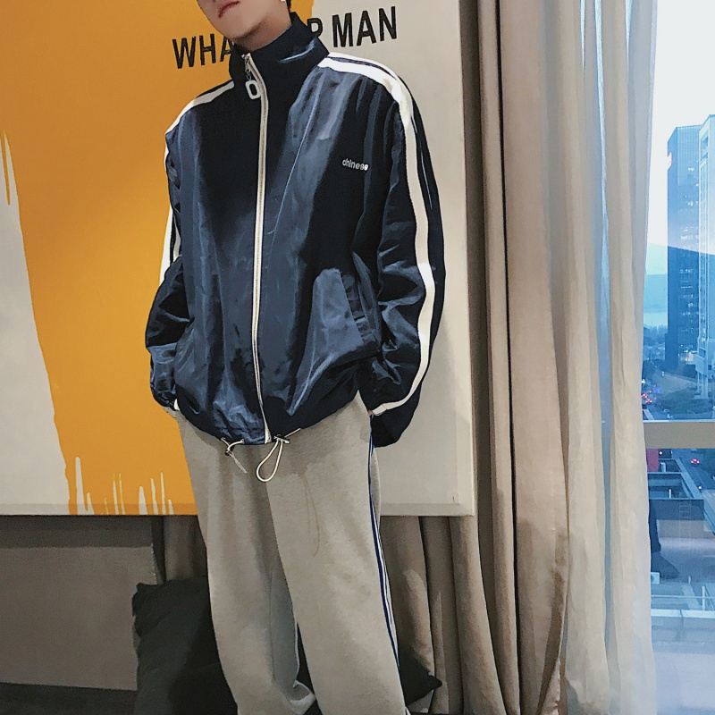 春夏新款韩版潮时尚情侣复古原宿两条杠字母刺绣夹克男校服外套