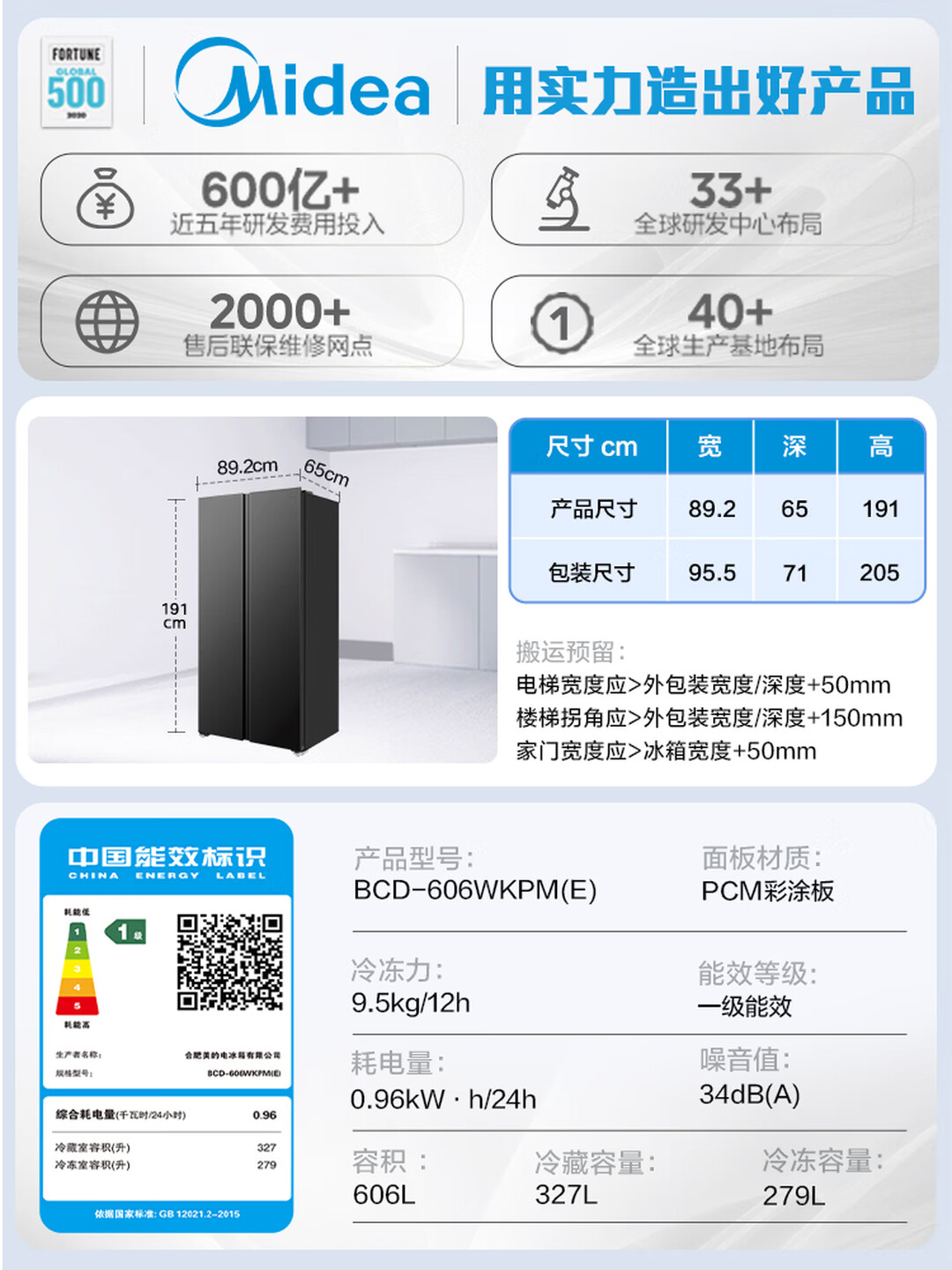 [自营]美的冰箱606L对开门智能双变频一级节能省电家用超薄电冰箱风冷无霜净味BCD-606WKPM(E) 607升级款高清大图
