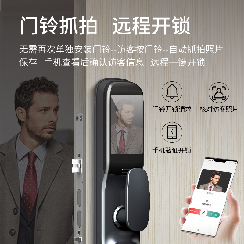 希箭 指纹锁密码锁电子锁全自动刷卡锁带猫眼视频家用防盗门酒店门锁K6E