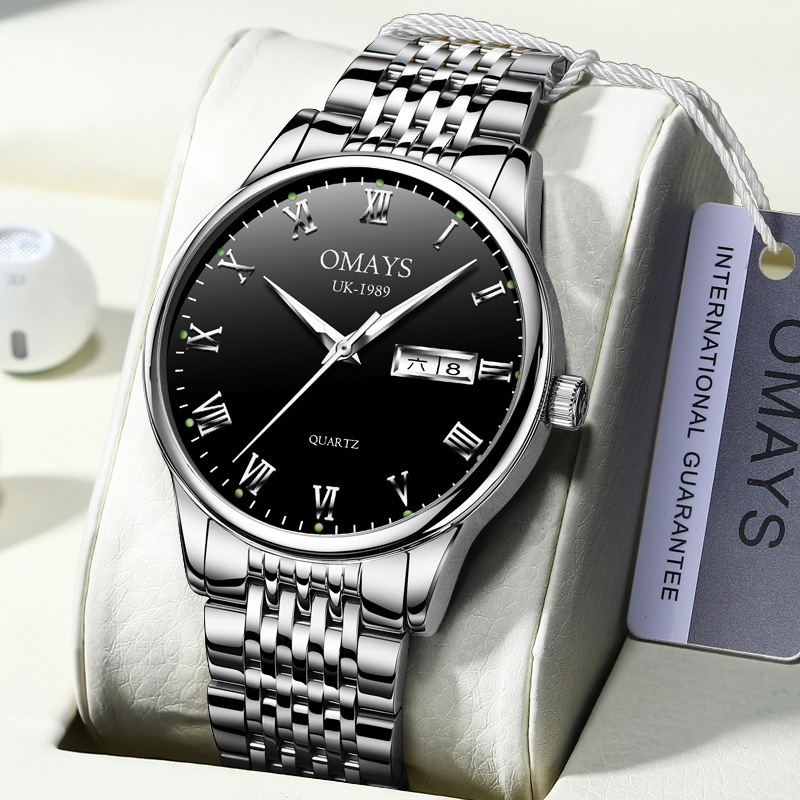 欧美时omays手表男士双日历全自动机械表男士防水夜光精钢带男表2021