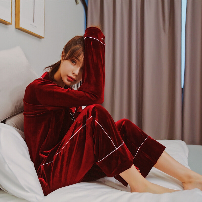 性感丝绒睡衣套装女春秋冬季韩版红色本命年天鹅绒结婚家居服