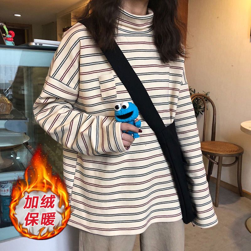 秋冬高领打底衫女加绒宽松韩版内搭长袖t恤学生百搭条纹上衣ins潮