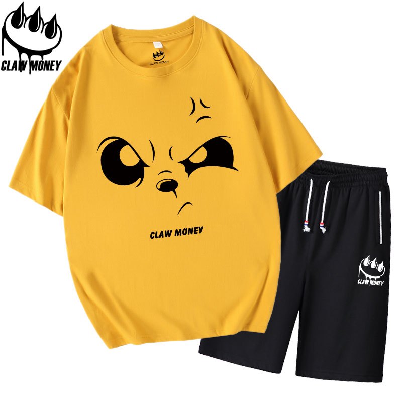 Claw money潮牌短袖T恤套装男纯棉整套青少年短裤宽松大码五分裤