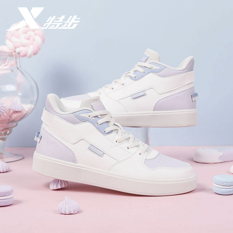 特步女鞋高帮鞋女板鞋新款官方正品休闲鞋子皮面运动鞋女视频