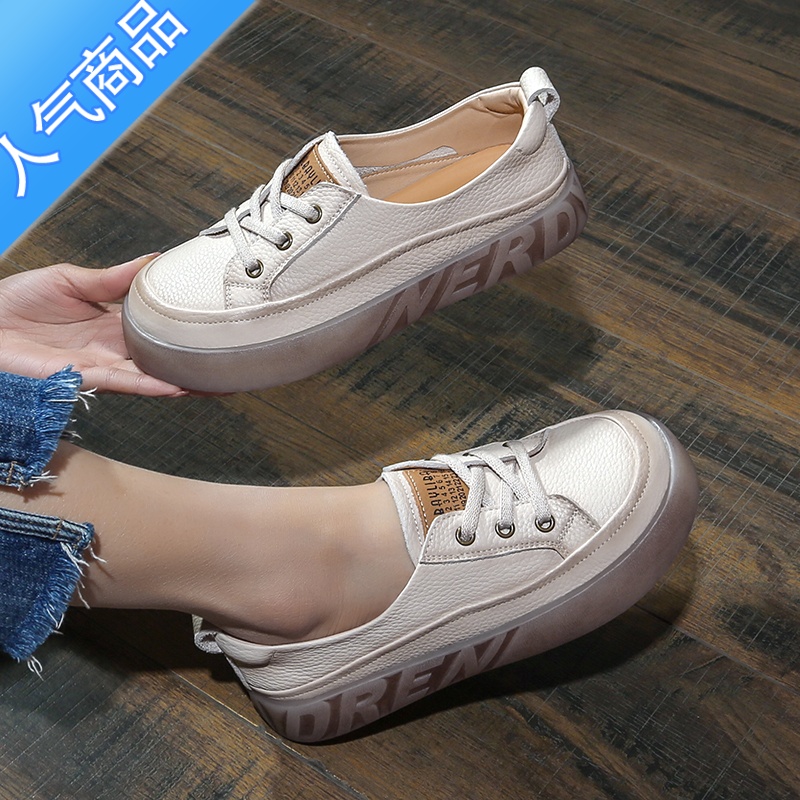 SUNTEK头层小白鞋女2023春夏新款复古休闲平底鞋百搭一脚蹬软底板鞋高清大图