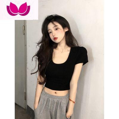 七斓t恤女夏季辣妹纯欲风U领上衣服女白色短袖体恤修身短款紧风斓衣恤 均码 黑色大U领-